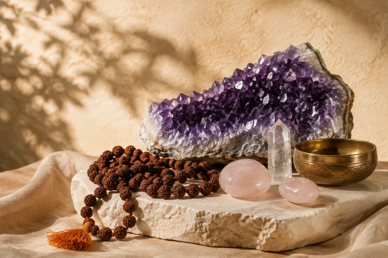 Amethyst crystals, a Rudraksha mala and rose quartz arranged on warm stone
